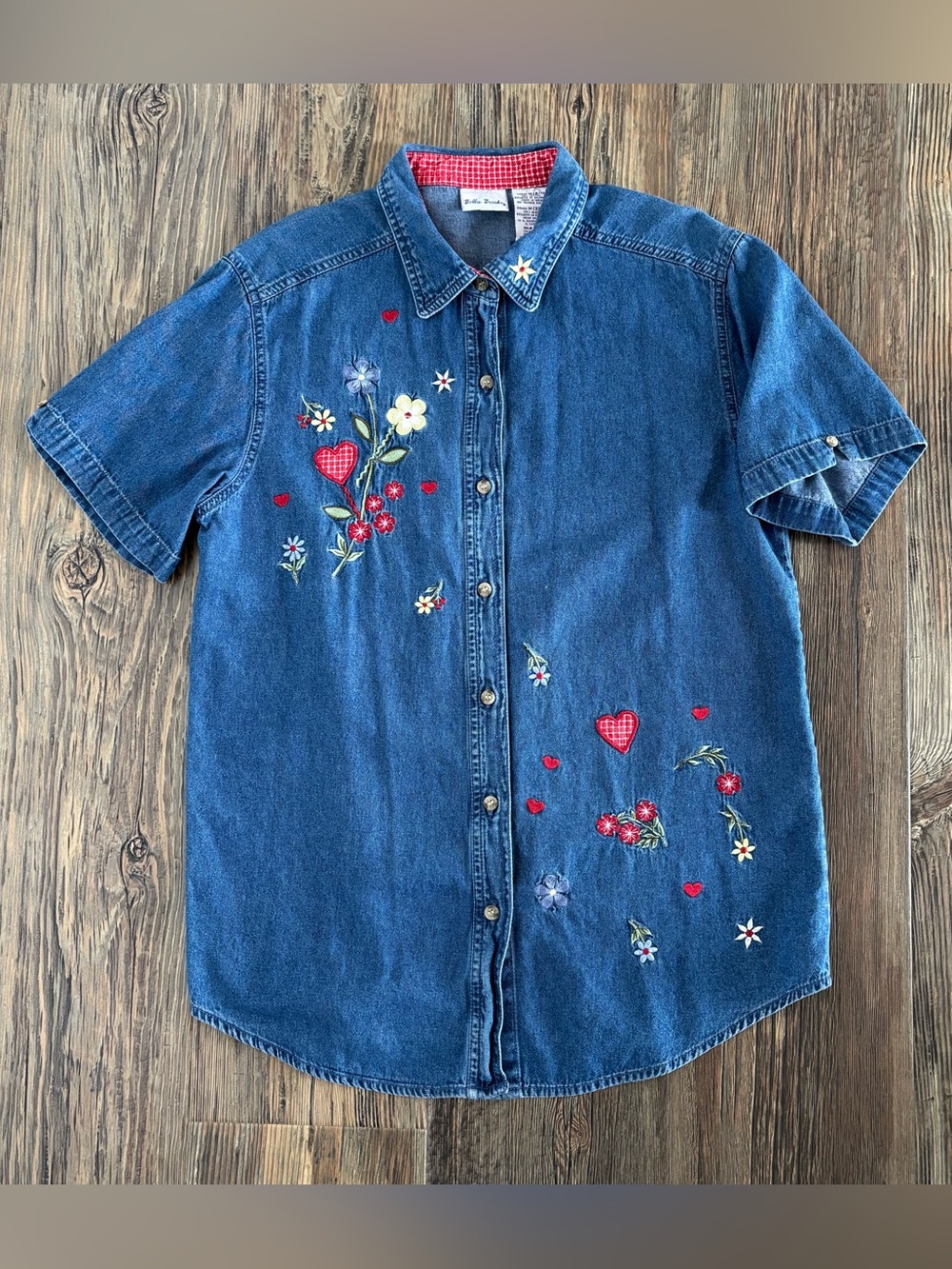 Vtg Bobbie Brooks S/S Blue Denim Shirt Womens M Gingham Hearts Floral Embroidery